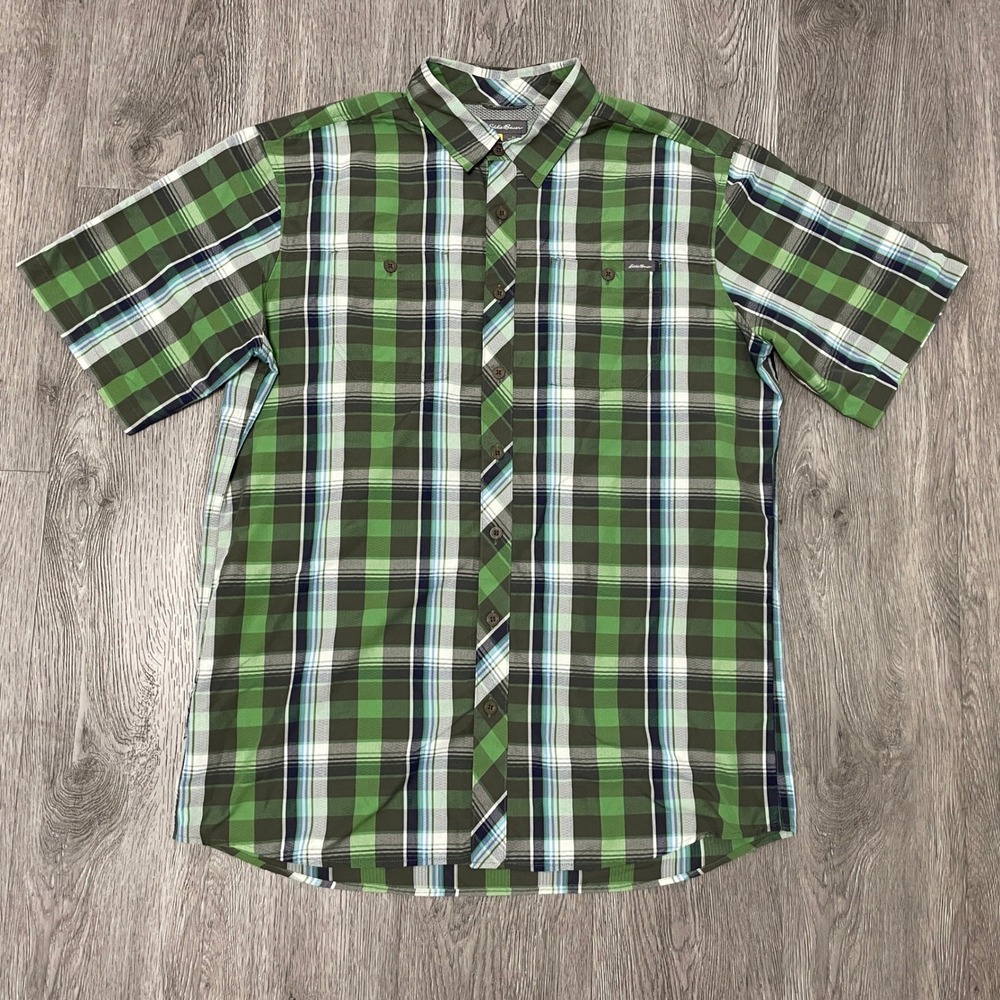 Eddie Bauer Shirt Mens Large Tall Green Plaid Hiking Performance Tech Workwear